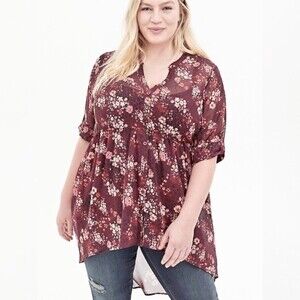 Torrid Maroon Red Floral Animal Print Sheer High Low Tunic Blouse - Size 1X EUC